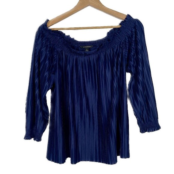Banana Republic Sz. Small Navy Blue Pleated Off The Shoulder 3/4 Sleeve Blouse - Picture 1 of 8